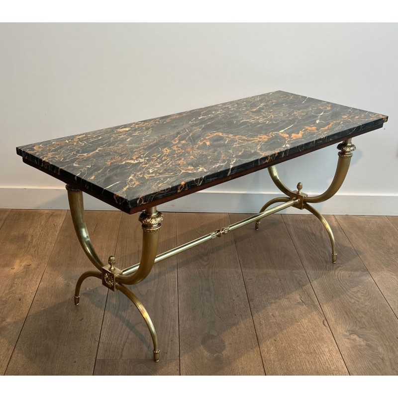 Neoclassical Brass Coffee Table, Black and Gilt Marble Top, Raymond Subes, circa 1940 | Maison BARROIS