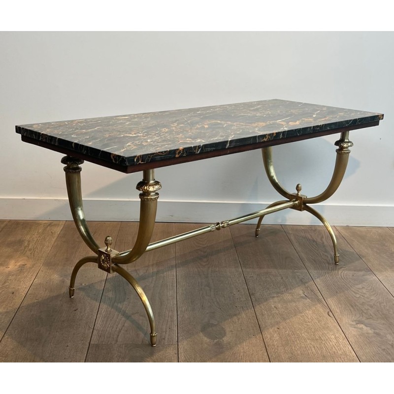 Neoclassical Brass Coffee Table, Black and Gilt Marble Top, Raymond Subes, circa 1940 | Maison BARROIS