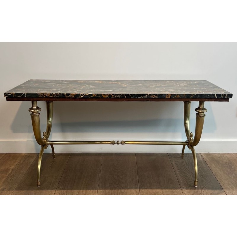 Neoclassical Brass Coffee Table, Black and Gilt Marble Top, Raymond Subes, circa 1940 | Maison BARROIS