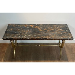 Neoclassical Brass Coffee Table, Black and Gilt Marble Top, Raymond Subes, circa 1940 | Maison BARROIS