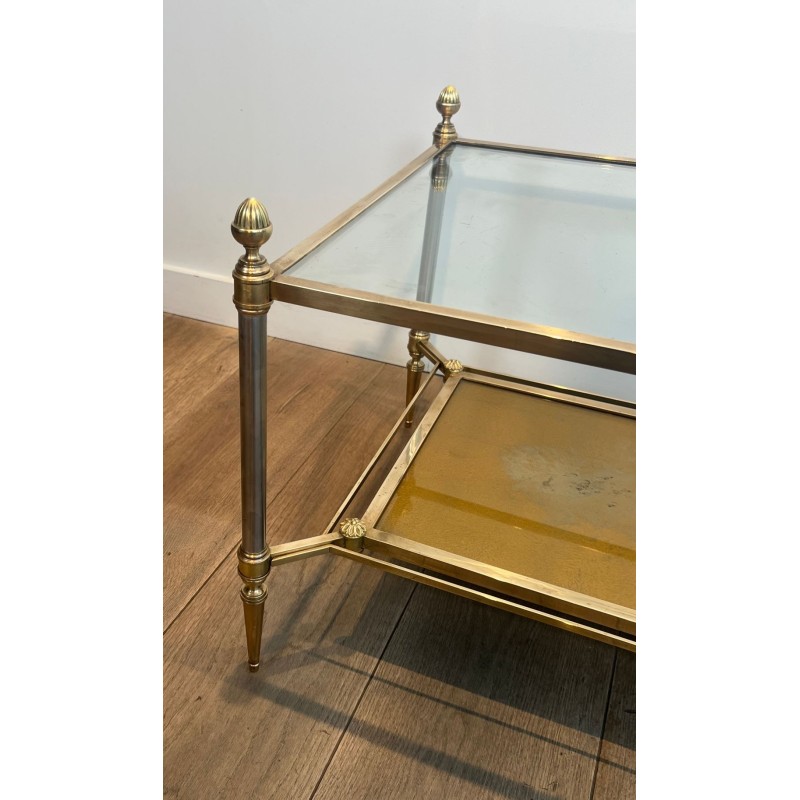 Neoclassical Brass and Brushed Steel Coffee Table, Glass and Églomisé Mirror, Maison Jansen, 1940 | Maison BARROIS