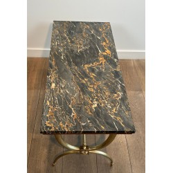 Neoclassical Brass Coffee Table, Black and Gilt Marble Top, Raymond Subes, circa 1940 | Maison BARROIS