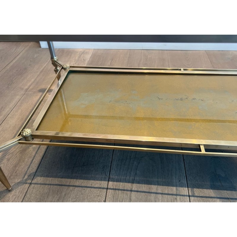 Neoclassical Brass and Brushed Steel Coffee Table, Glass and Églomisé Mirror, Maison Jansen, 1940 | Maison BARROIS