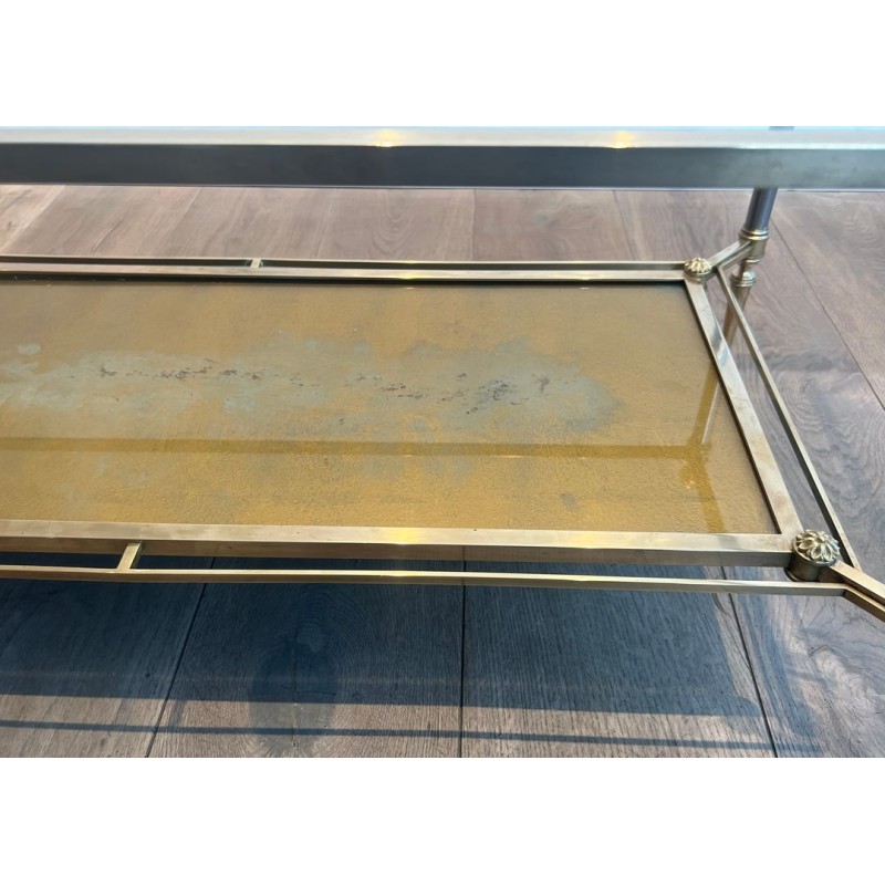 Neoclassical Brass and Brushed Steel Coffee Table, Glass and Églomisé Mirror, Maison Jansen, 1940 | Maison BARROIS