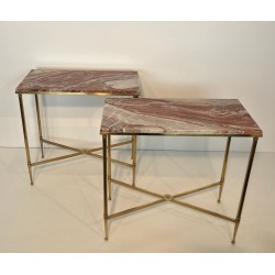 Pair of Neoclassical Brass Side Tables with Marble Tops, Maison Jansen, France, circa 1940 | Maison BARROIS