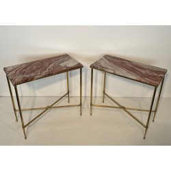 Pair of Neoclassical Brass Side Tables with Marble Tops, Maison Jansen, France, circa 1940 | Maison BARROIS