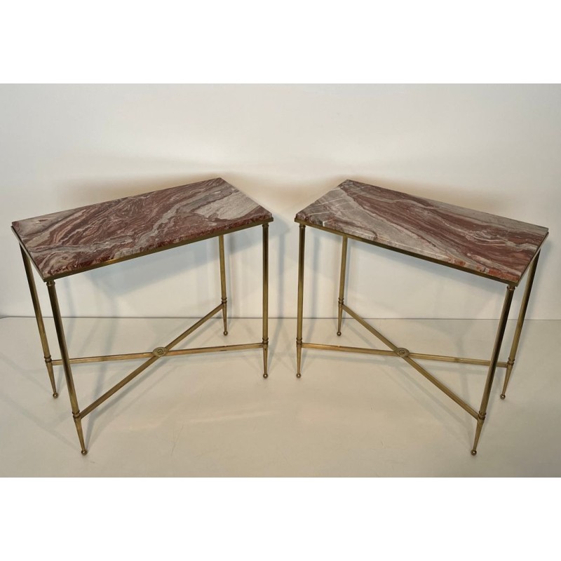 Pair of Neoclassical Brass Side Tables with Marble Tops, Maison Jansen, France, circa 1940 | Maison BARROIS
