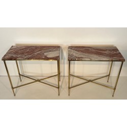 Pair of Neoclassical Brass Side Tables with Marble Tops, Maison Jansen, France, circa 1940 | Maison BARROIS