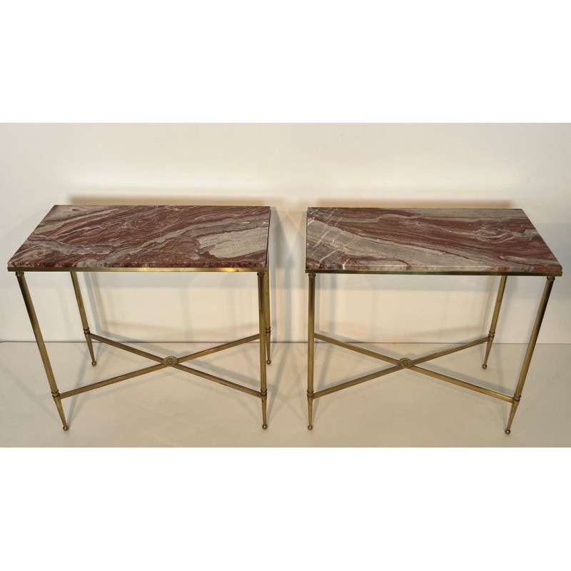 Pair of Neoclassical Brass Side Tables with Marble Tops, Maison Jansen, France, circa 1940 | Maison BARROIS