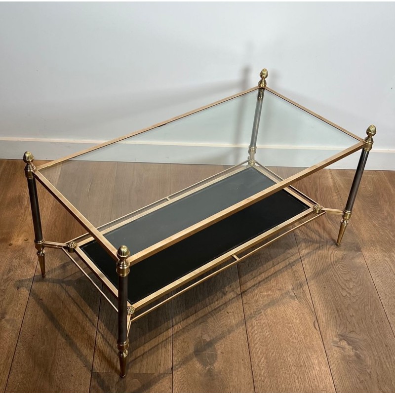 Table Basse Néoclassique Laiton, Verre et Cuir Noir Bordé Or, Maison Jansen, vers 1940 | Maison BARROIS