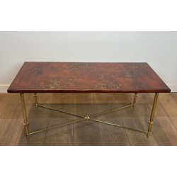 Table Basse Néoclassique Laiton Plateau Laqué Chinoiseries, Attribuée Maison Jansen, 1940 | Maison BARROIS