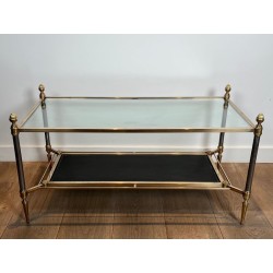 Table Basse Néoclassique Laiton, Verre et Cuir Noir Bordé Or, Maison Jansen, vers 1940 | Maison BARROIS