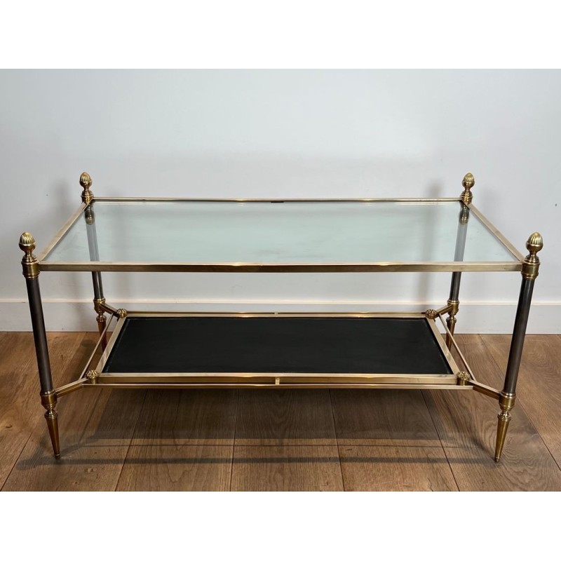 Neoclassical Brass Coffee Table, Glass and Gilt-Bordered Black Leather, Maison Jansen, 1940 | Maison BARROIS