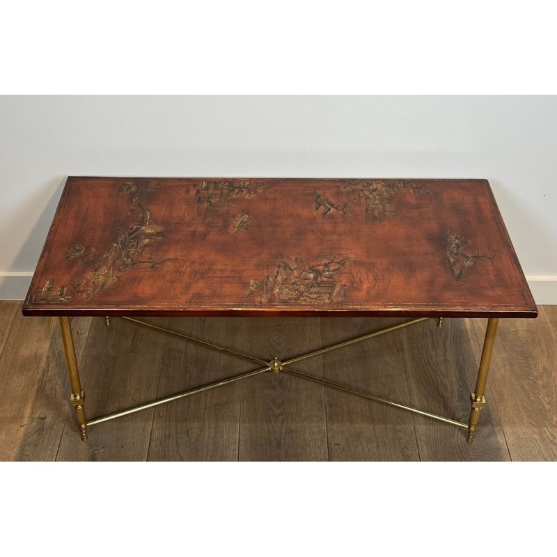Table Basse Néoclassique Laiton Plateau Laqué Chinoiseries, Attribuée Maison Jansen, 1940 | Maison BARROIS