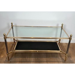 Table Basse Néoclassique Laiton, Verre et Cuir Noir Bordé Or, Maison Jansen, vers 1940 | Maison BARROIS