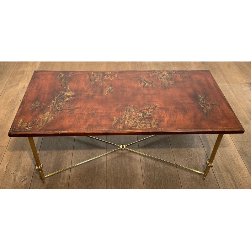 Neoclassical Brass Coffee Table with Chinoiserie Lacquered Top, Attributed Maison Jansen, 1940 | Maison BARROIS