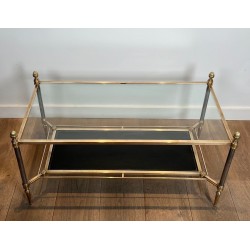 Neoclassical Brass Coffee Table, Glass and Gilt-Bordered Black Leather, Maison Jansen, 1940 | Maison BARROIS