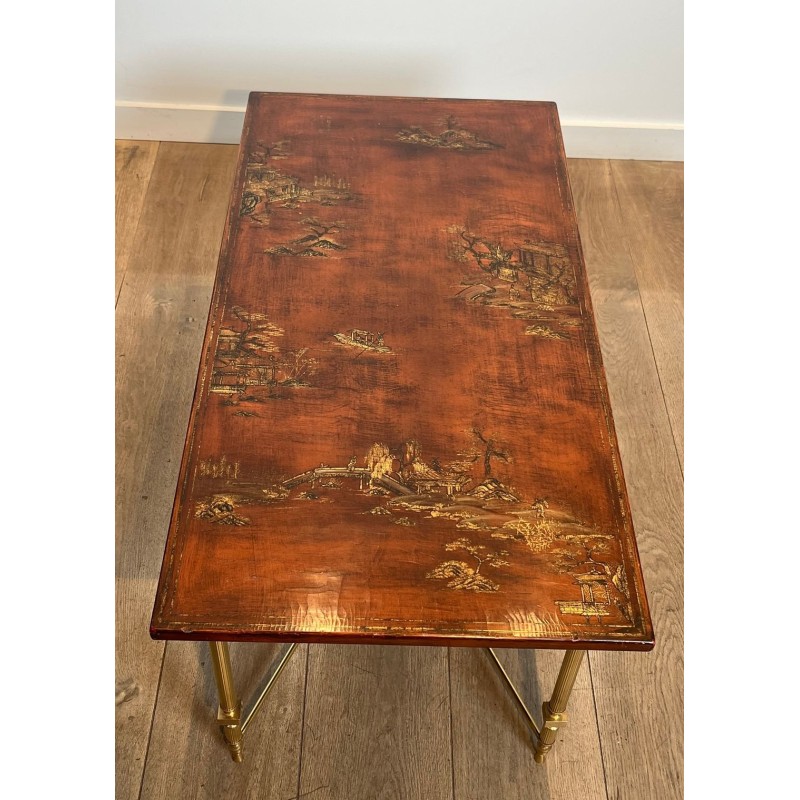 Neoclassical Brass Coffee Table with Chinoiserie Lacquered Top, Attributed Maison Jansen, 1940 | Maison BARROIS