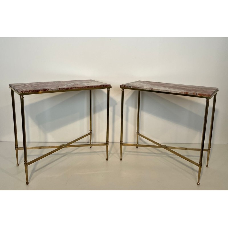 Pair of Neoclassical Brass Side Tables with Marble Tops, Maison Jansen, France, circa 1940 | Maison BARROIS