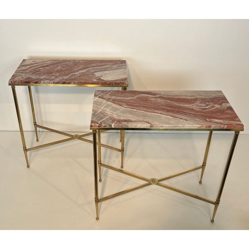 Pair of Neoclassical Brass Side Tables with Marble Tops, Maison Jansen, France, circa 1940 | Maison BARROIS