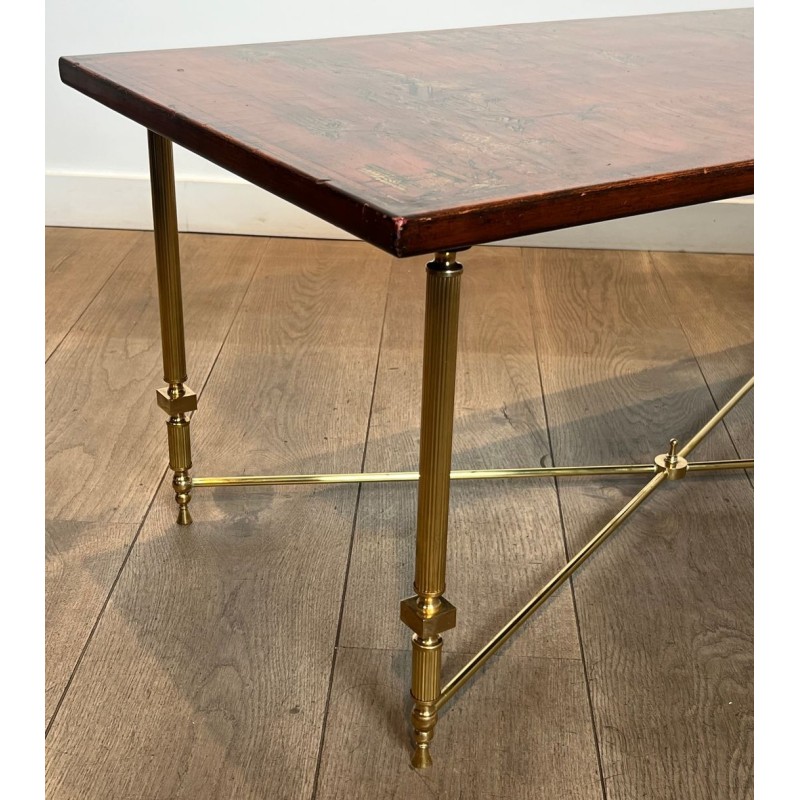 Neoclassical Brass Coffee Table with Chinoiserie Lacquered Top, Attributed Maison Jansen, 1940 | Maison BARROIS