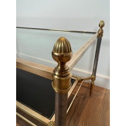 Neoclassical Brass Coffee Table, Glass and Gilt-Bordered Black Leather, Maison Jansen, 1940 | Maison BARROIS