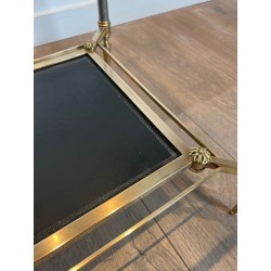 Table Basse Néoclassique Laiton, Verre et Cuir Noir Bordé Or, Maison Jansen, vers 1940 | Maison BARROIS