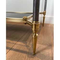 Table Basse Néoclassique Laiton, Verre et Cuir Noir Bordé Or, Maison Jansen, vers 1940 | Maison BARROIS