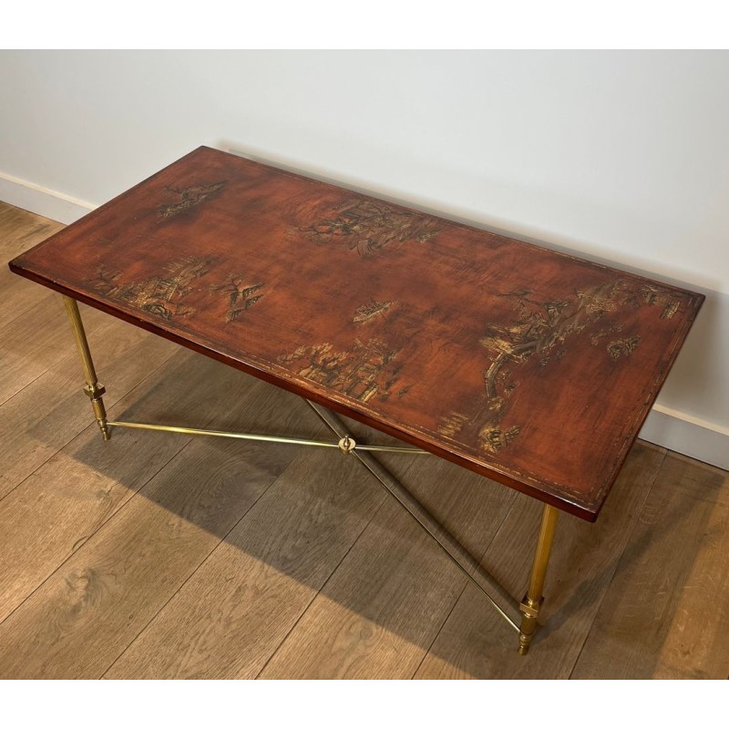 Table Basse Néoclassique Laiton Plateau Laqué Chinoiseries, Attribuée Maison Jansen, 1940 | Maison BARROIS