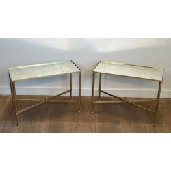 Paire de Bouts de Canapé en Laiton, Plateaux Églomisés, Maison Jansen, vers 1940