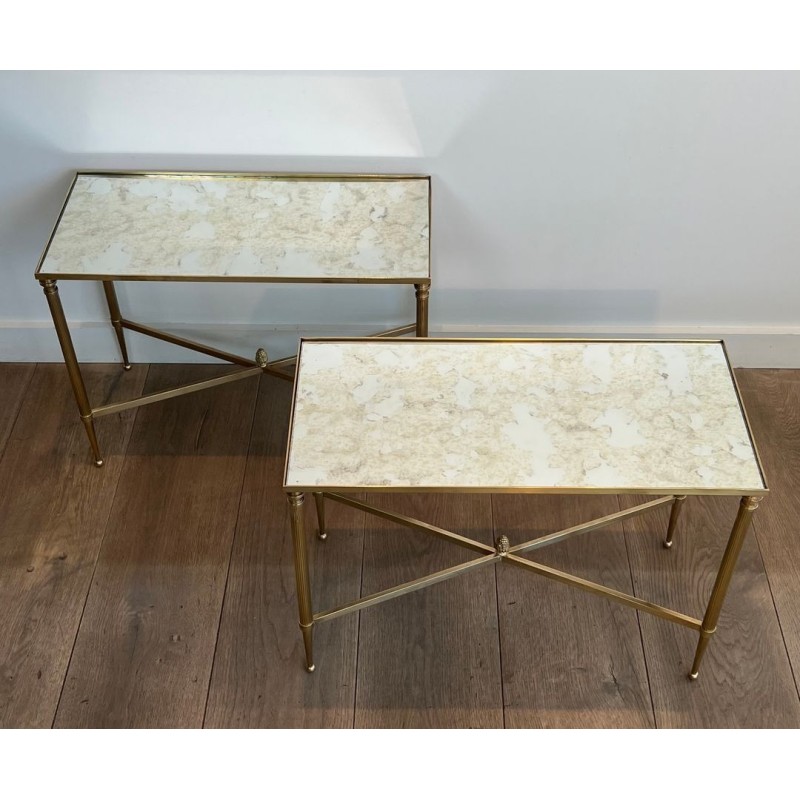 Pair of Brass Side Tables with Églomisé Mirror Tops, Maison Jansen, France, c. 1940