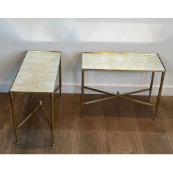 Pair of Brass Side Tables with Églomisé Mirror Tops, Maison Jansen, France, c. 1940