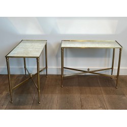 Pair of Brass Side Tables with Églomisé Mirror Tops, Maison Jansen, France, c. 1940