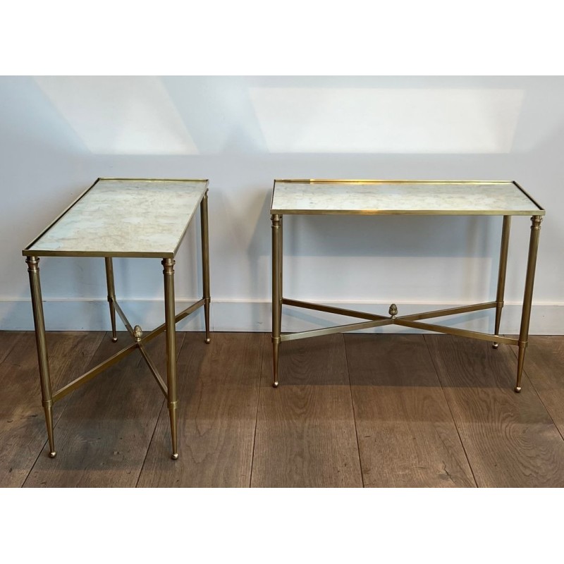 Paire de Bouts de Canapé en Laiton à Plateaux de Miroirs Antiques de la Maison Jansen