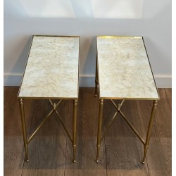 Pair of Brass Side Tables with Églomisé Mirror Tops, Maison Jansen, France, c. 1940
