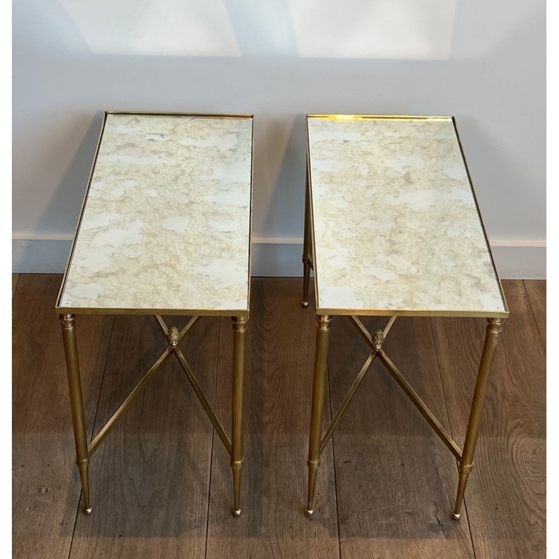 Pair of Brass Side Tables with Églomisé Mirror Tops, Maison Jansen, France, c. 1940