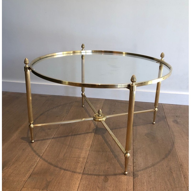 Round Brass Neoclassical Coffee Table, Maison Baguès, France, circa 1940