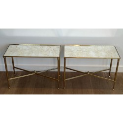 Paire de Bouts de Canapé en Laiton à Plateaux de Miroirs Antiques de la Maison Jansen