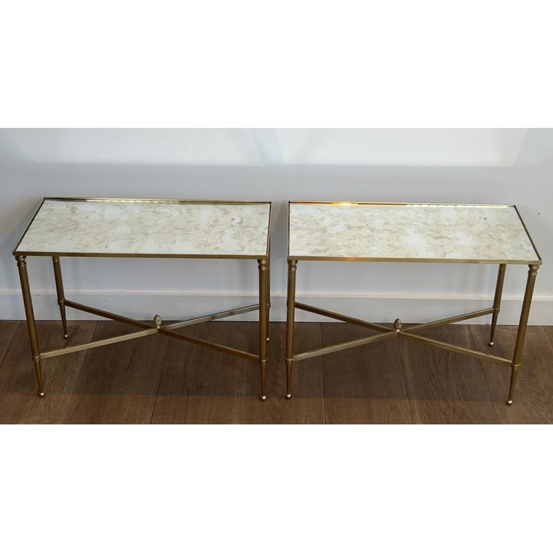 Pair of Brass Side Tables with Églomisé Mirror Tops, Maison Jansen, France, c. 1940