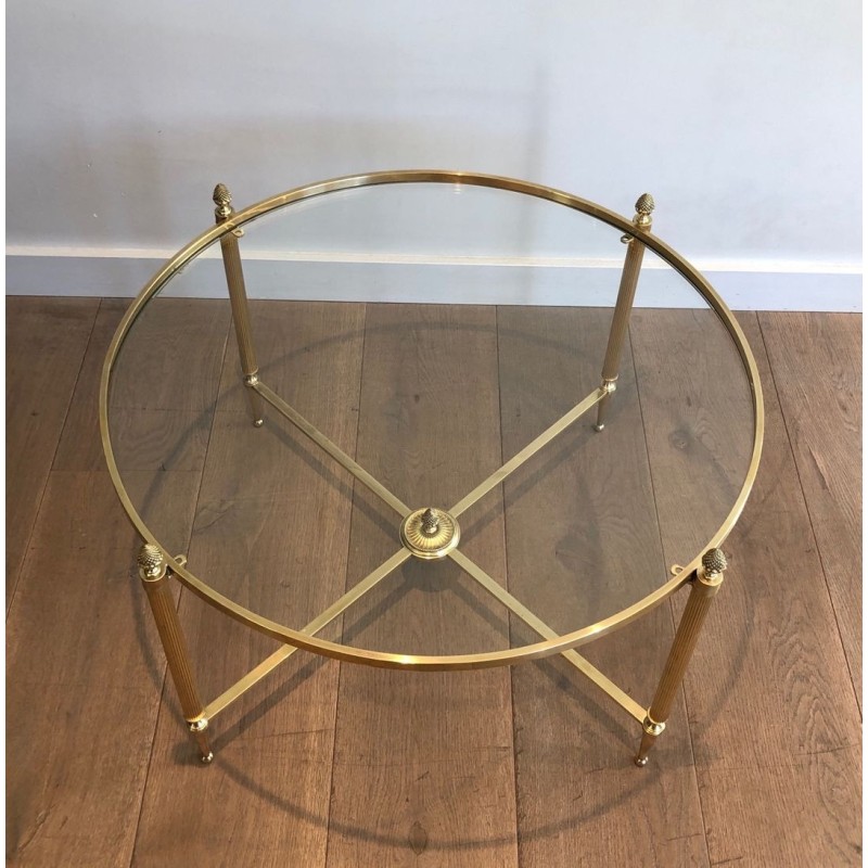 Table Basse Ronde en Laiton Néoclassique, Maison Baguès, France, vers 1940