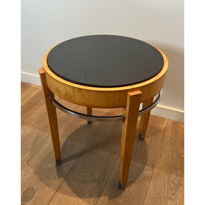 Sycamore Veneer and Chrome Guéridon with Marble Top, French Art Déco, circa 1940