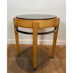 Guéridon en Plaquage de Sycomore, Chrome et Plateau de Marbre