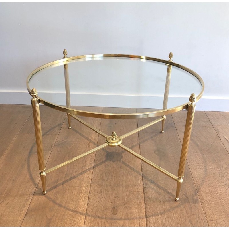 Table Basse Ronde en Laiton Néoclassique, Maison Baguès, France, vers 1940