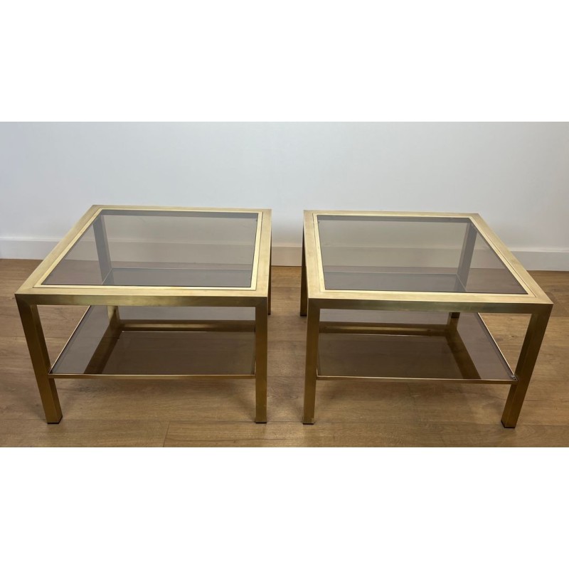 Paire de Bouts de Canapé en Laiton et Verre Fumé, France, vers 1970