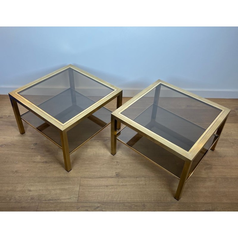 Paire de Bouts de Canapé en Laiton et Verre Fumé, France, vers 1970