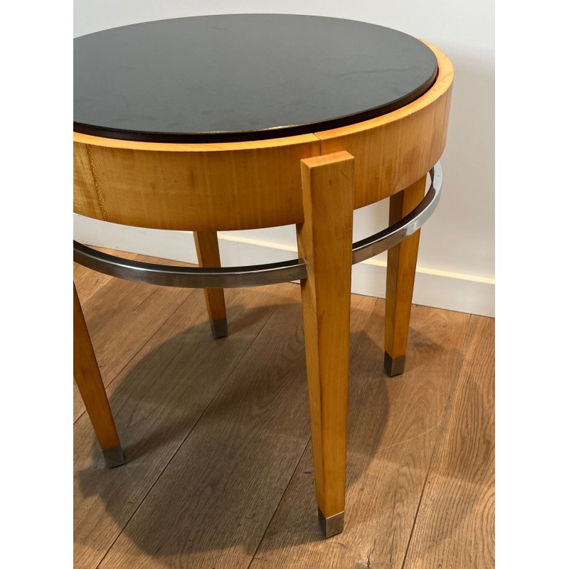 Guéridon en Plaquage de Sycomore, Chrome et Plateau de Marbre