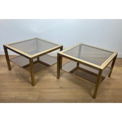 Pair of Square Brass Side Tables with Smoked Glass, France, circa 1970