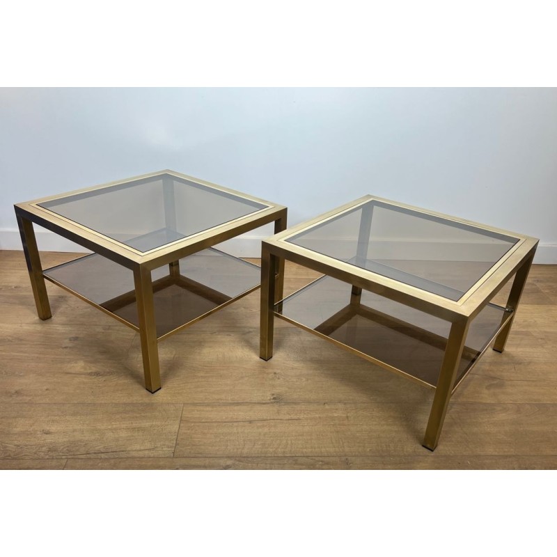 Paire de Bouts de Canapé en Laiton et Verre Fumé, France, vers 1970
