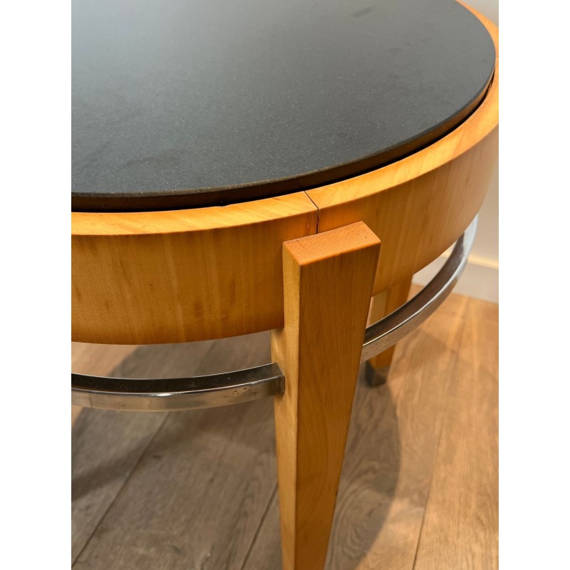 Sycamore Veneer and Chrome Guéridon with Marble Top, French Art Déco, circa 1940