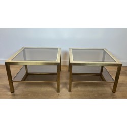 Pair of Square Brass Side Tables with Smoked Glass, France, circa 1970